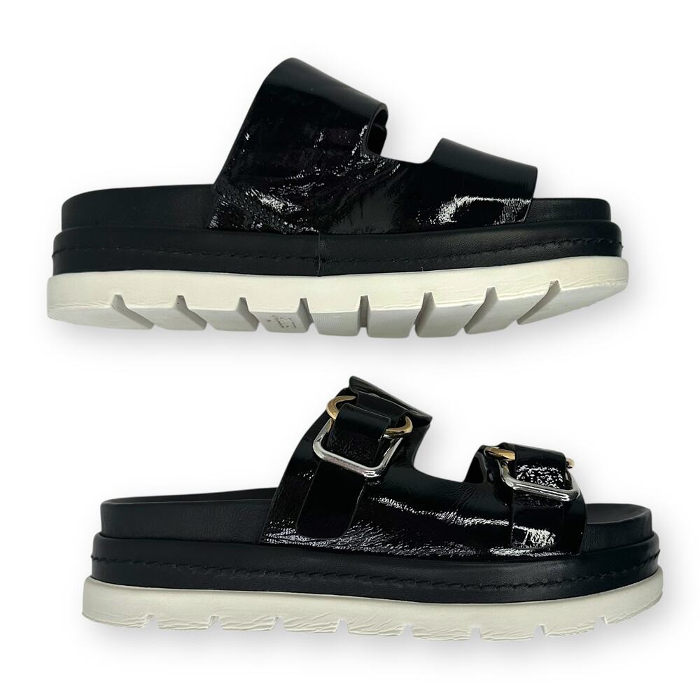 J Slides Baha Leather Double Buckle Slide Sandals US 7.5 Black Patent Platform - Picture 6 of 13